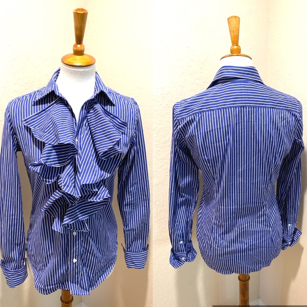 {Ralph Lauren} Blue Striped Ruffled  Shirt